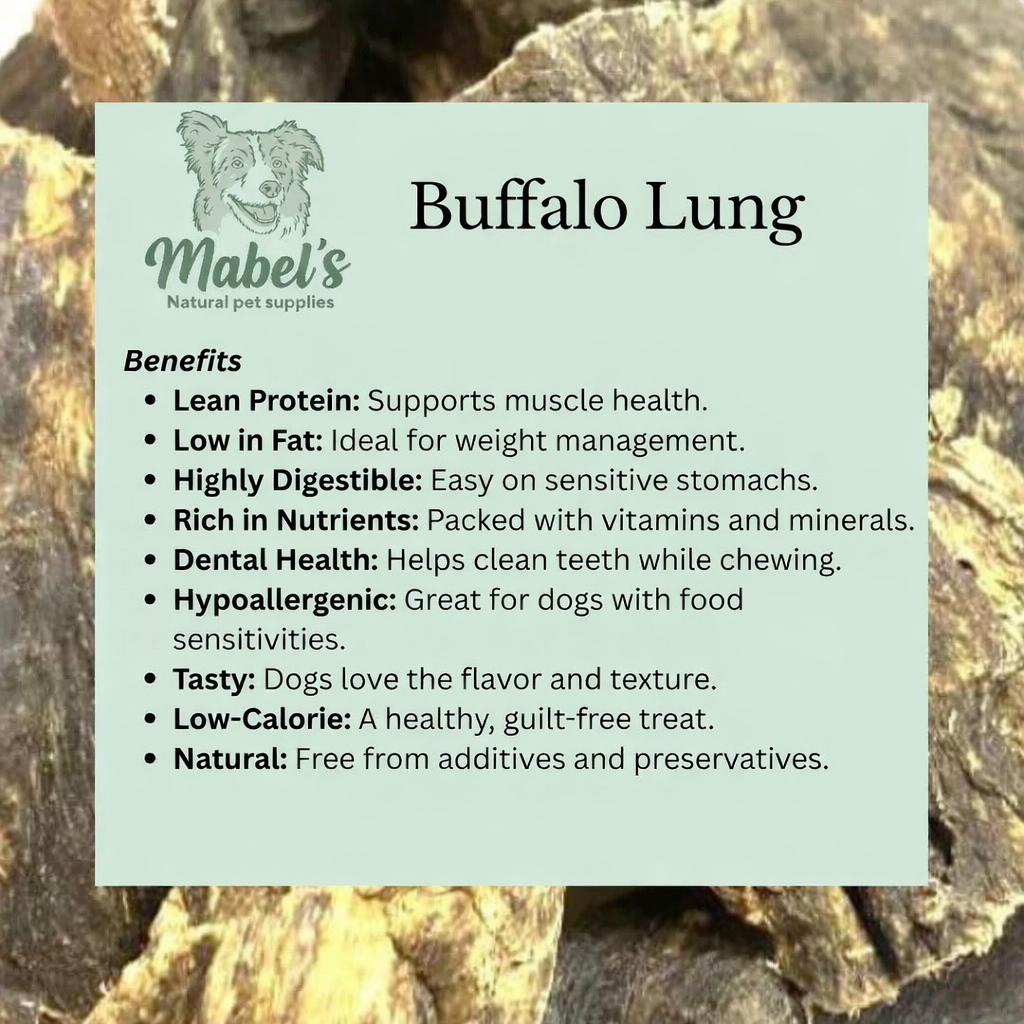 Natural buffalo lung dog treats in a bulk bag from Mabel's Natural Pet Supplies, available in 500g or 1kg sizes.