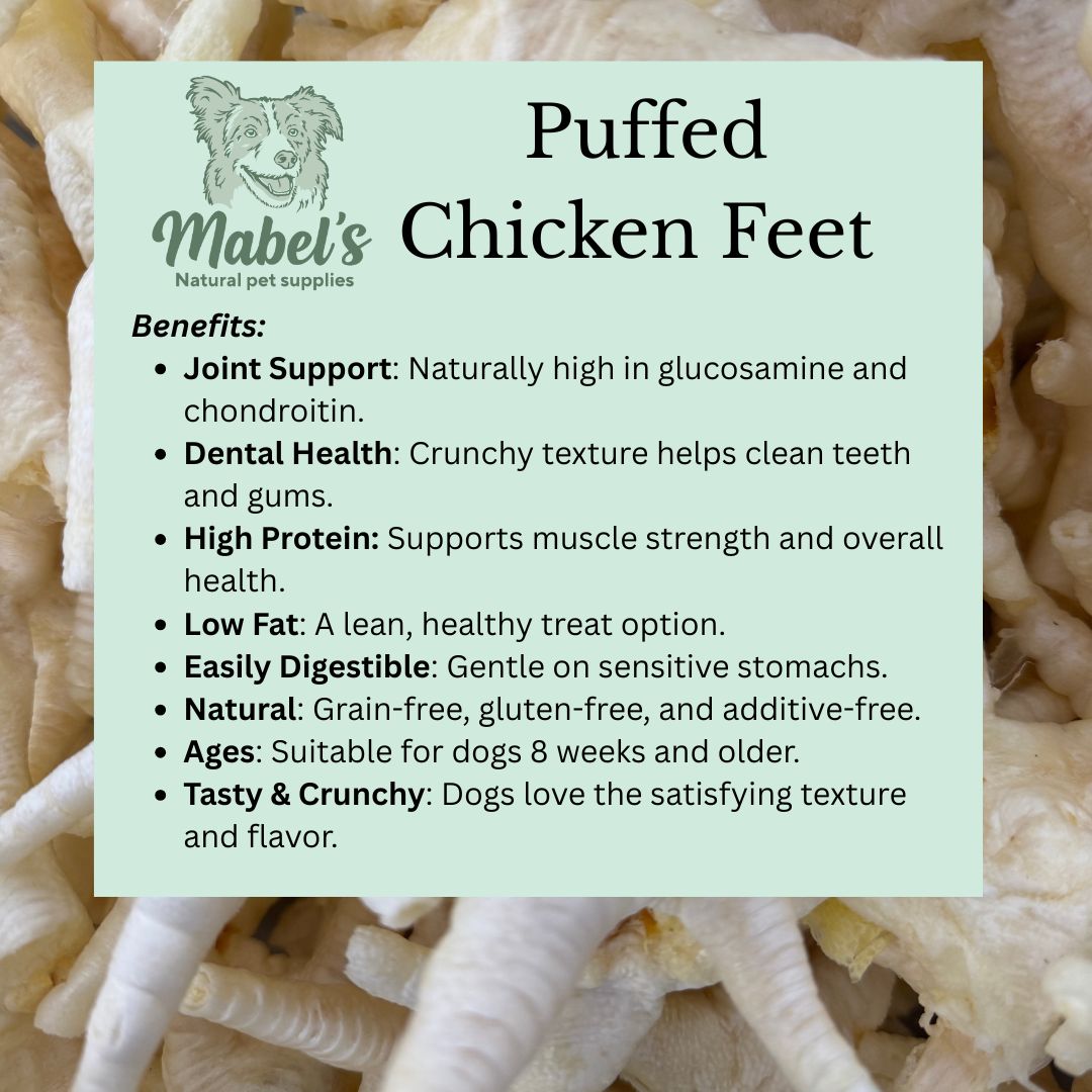 Puffed chicken feet dog treats from Mabel's Natural Pet Supplies™, natural daily dog treats in 500g or 1kg packages.
