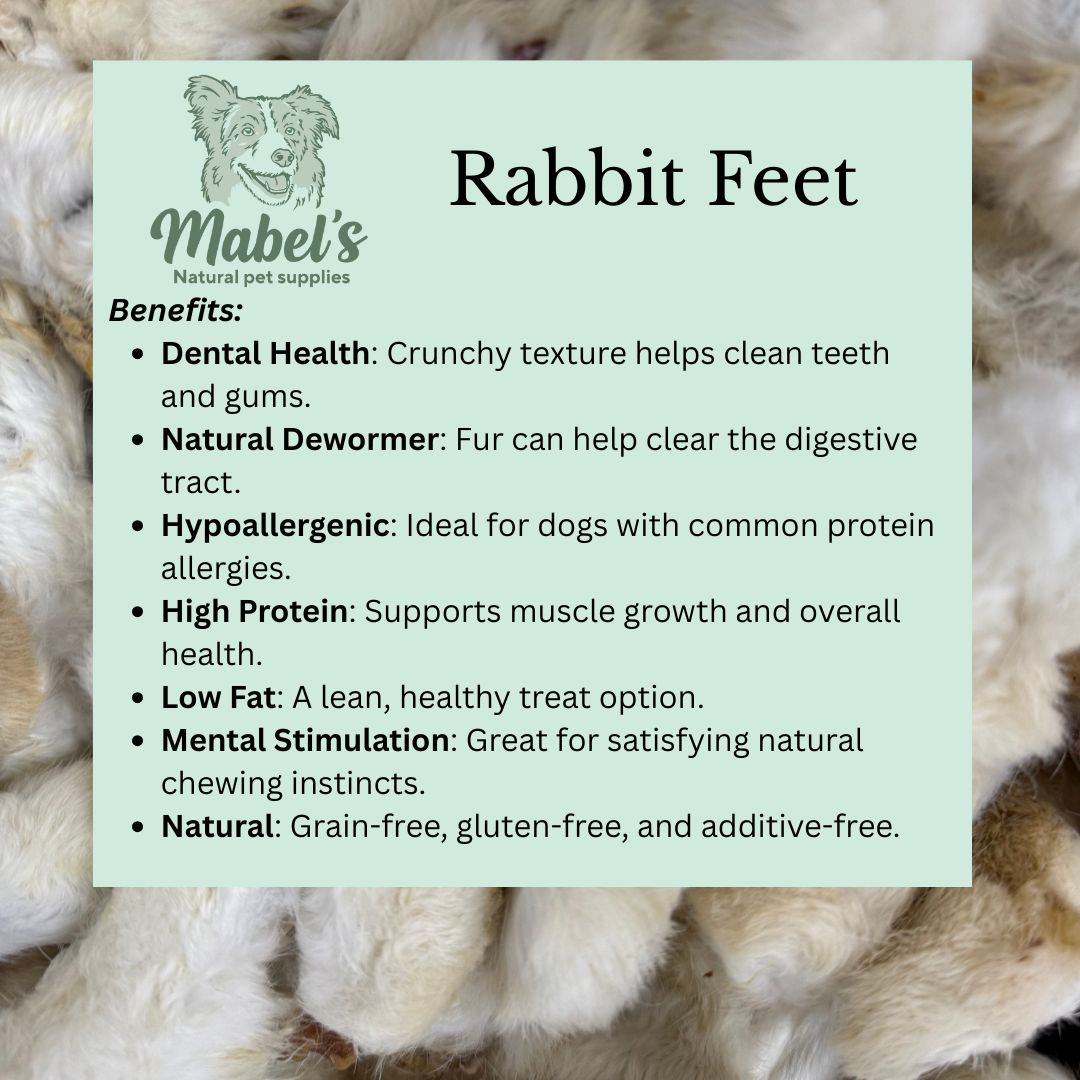 Natural hairy rabbit feet dog treats from Mabel's Natural Pet Supplies, 1kg or 500g bulk bag, suitable for dogs as a healthy chew.