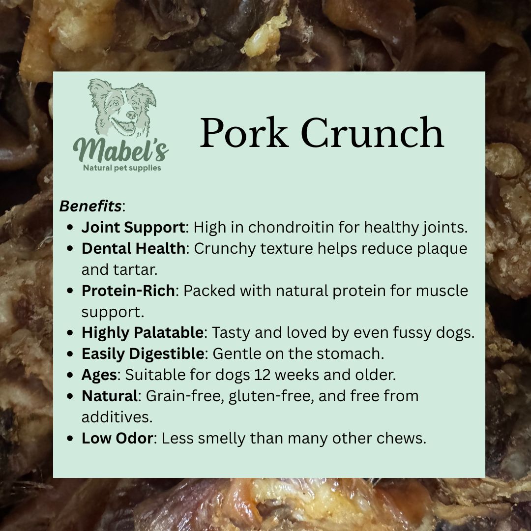 Mabel's Natural Pet Supplies pork crunch dog treats in a 1kg bulk bag, showing crunchy pork treats for dogs.