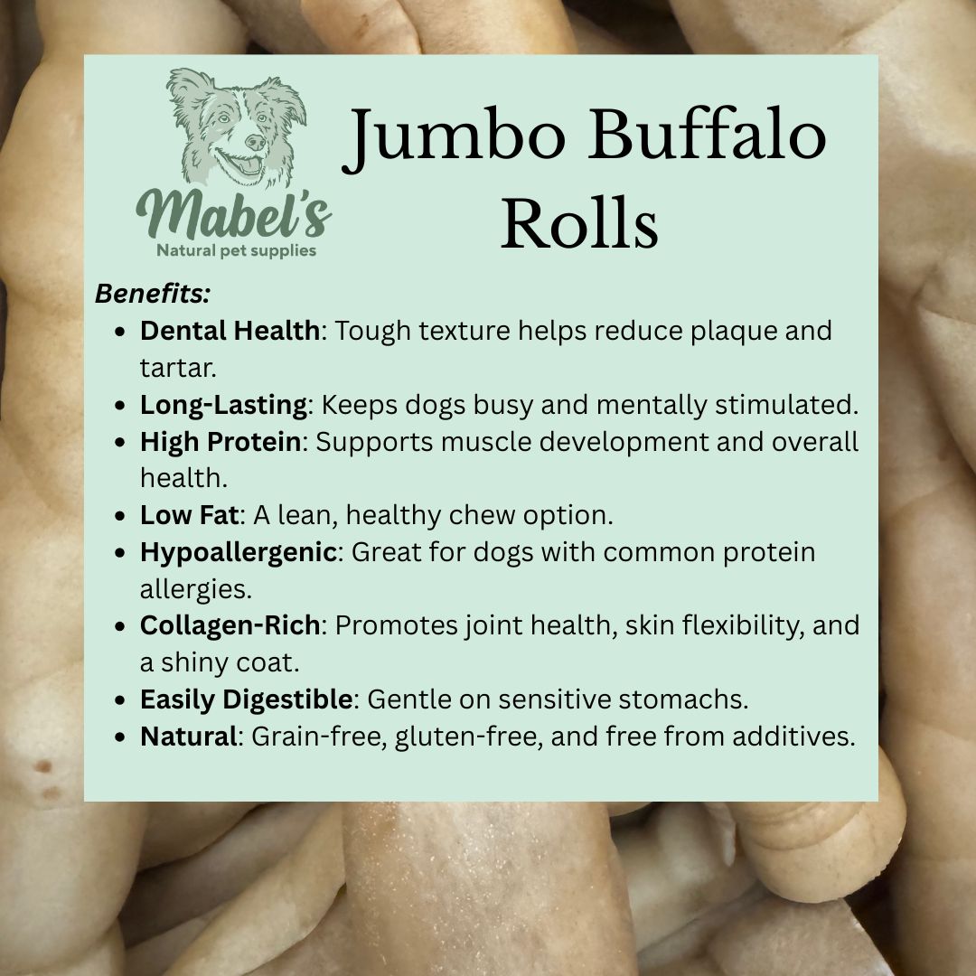 Long-lasting jumbo buffalo roll dog treat from Mabel's Natural Pet Supplies, 9-10 inches, ideal for chewing and dental health.