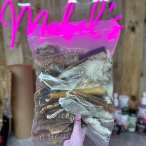 1kg mixed bulk bag, hairy rabbit ears, pork crunch, beef trachea, beef skins, paddy wack, natural dog treat