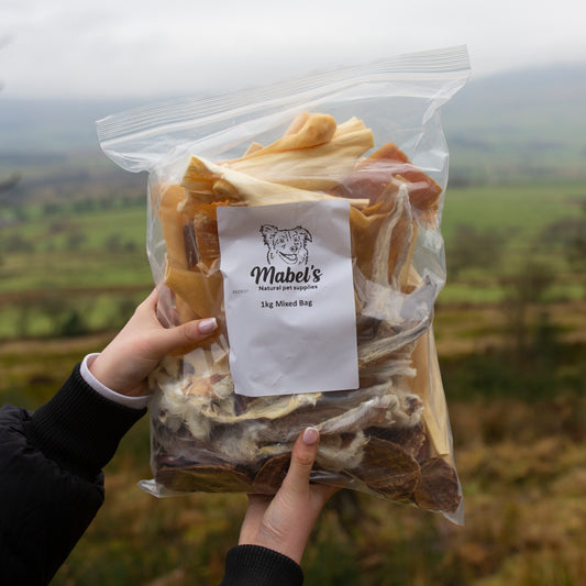 1kg High protein natural dog treat mixed bag, over 50 individual treats, beef testicles, hairy rabbit ears, achilles tendon, paddywack, buffalo skins