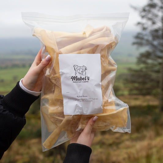 Bulk Bag Of Buffalo skins 1kg or 500g, long lasting natural dog treats