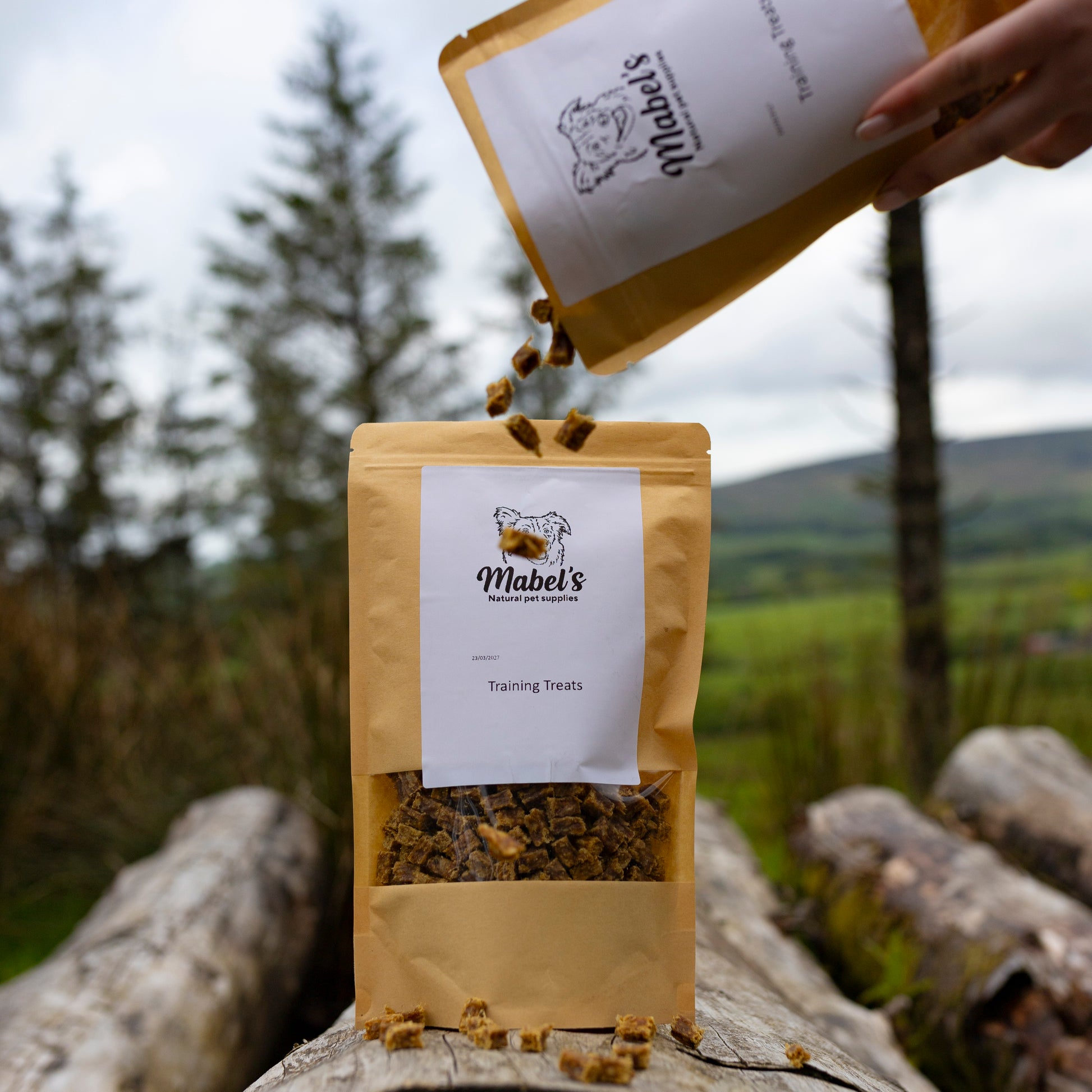 Mabel's Natural Pet Supplies Training Treats in 100g or 250g package, small, tasty treats for dogs or cats.