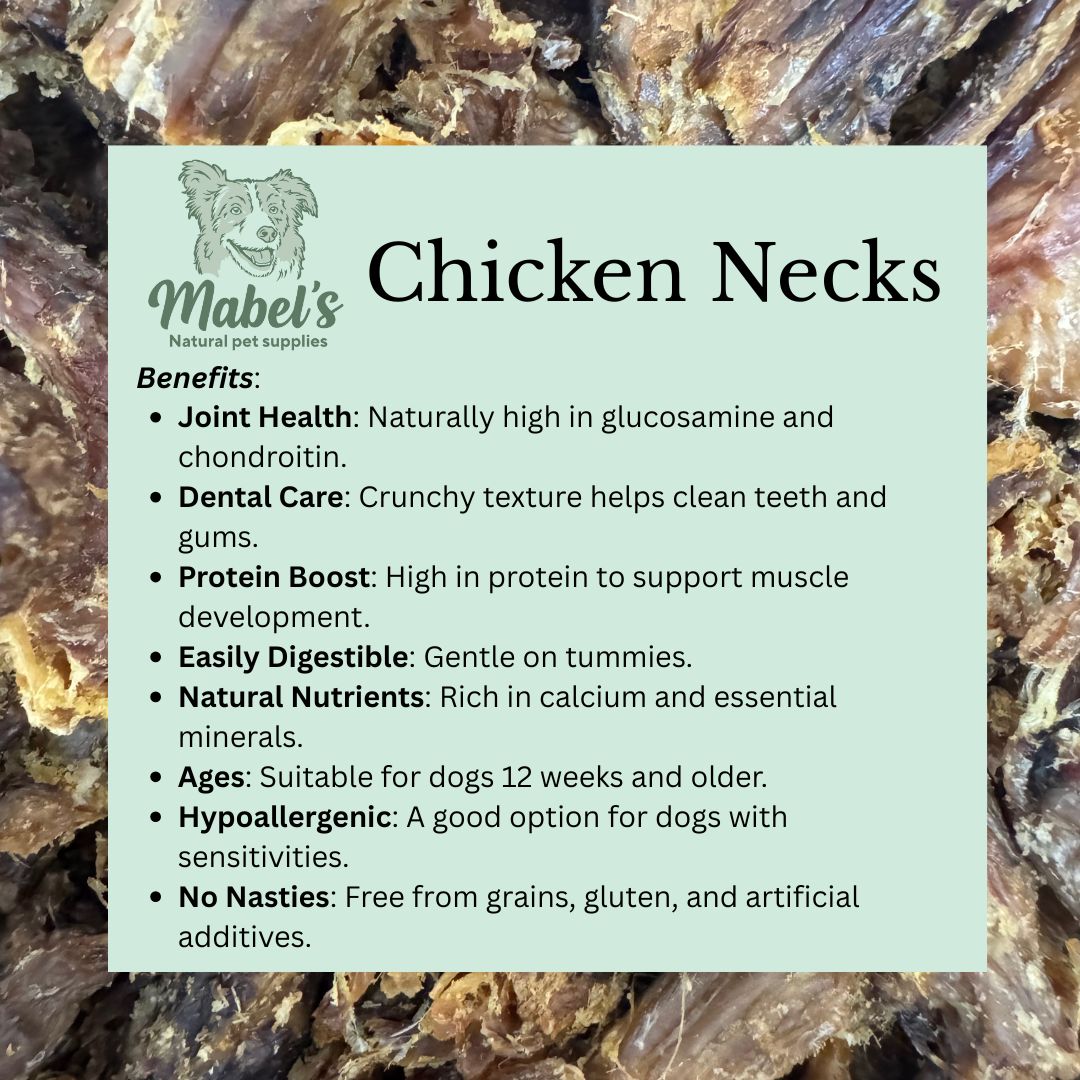 Mabel's Natural Pet Supplies™ chicken necks in a 1kg or 500g bulk bag, fresh raw pet treats for dogs.