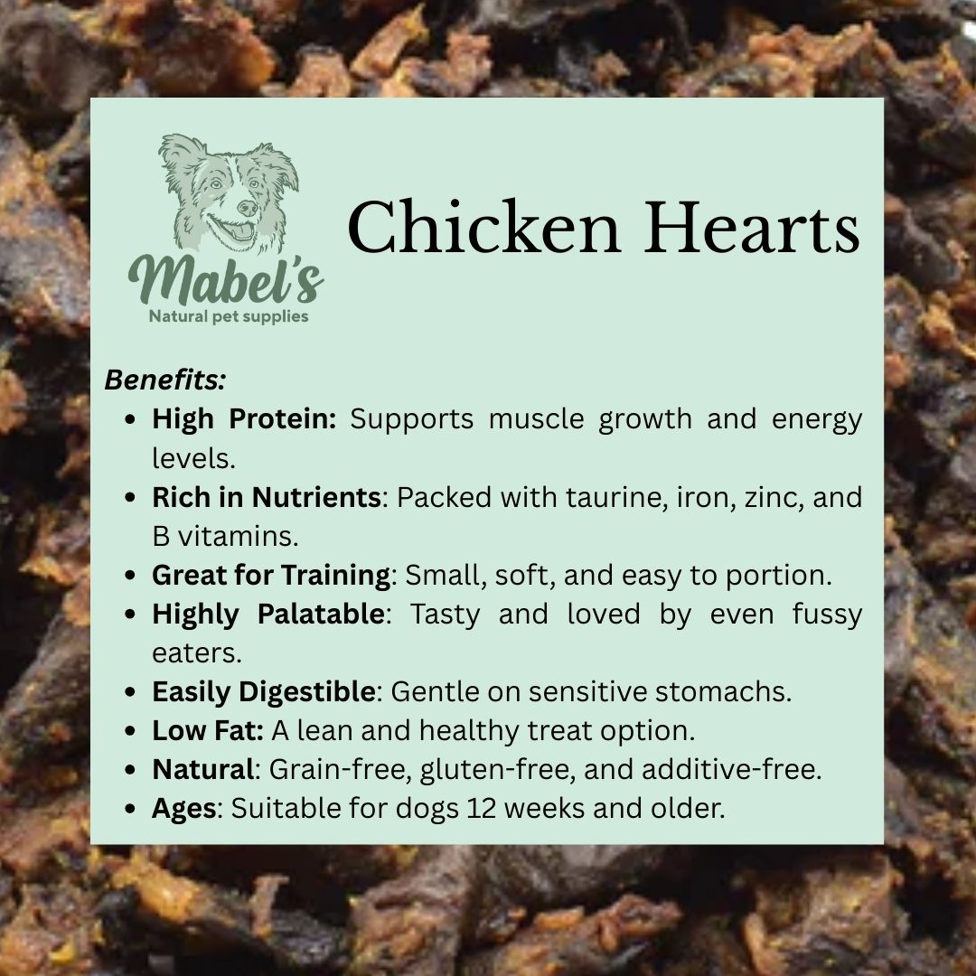 Natural chicken hearts dog treats in a 1kg or 500g bulk bag from Mabel's Natural Pet Supplies™, showing fresh, raw chicken hearts.
