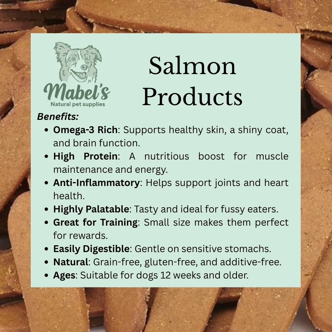 Scottish Salmon Buttons for dogs by Mabel's Natural Pet Supplies™, grain-free omega-rich treats for puppies and adult dogs.