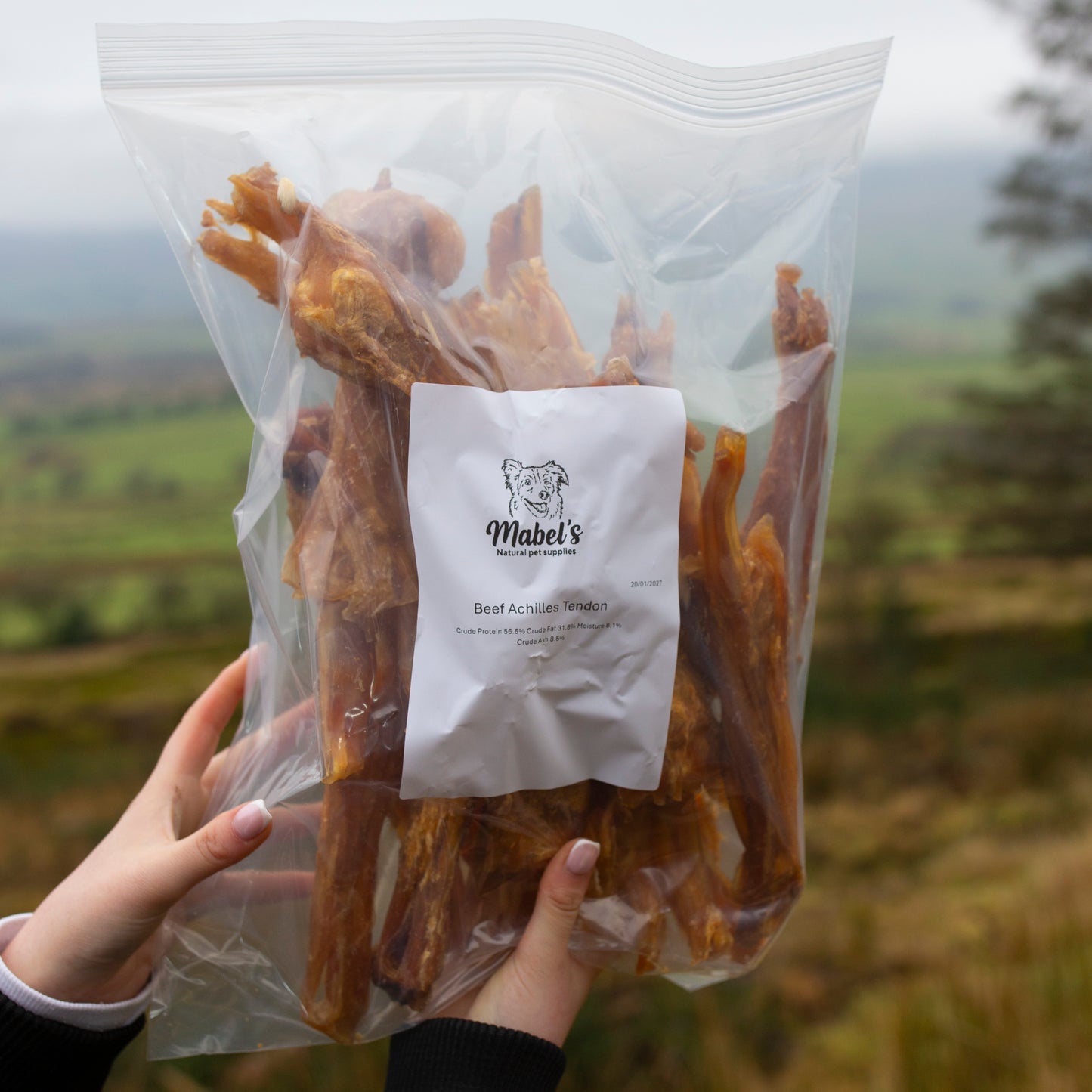 Beef Achilles tendons in a 500g or 1kg bulk bag from Mabel's Natural Pet Supplies™, showing fresh, chewy dog treats.