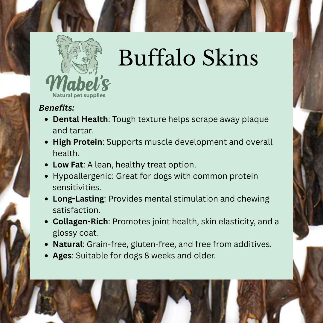 Bulk bag of Mabel's Natural Pet Supplies buffalo skins, natural dog treats in 1kg or 500g, shown in an open bag with treats inside.
