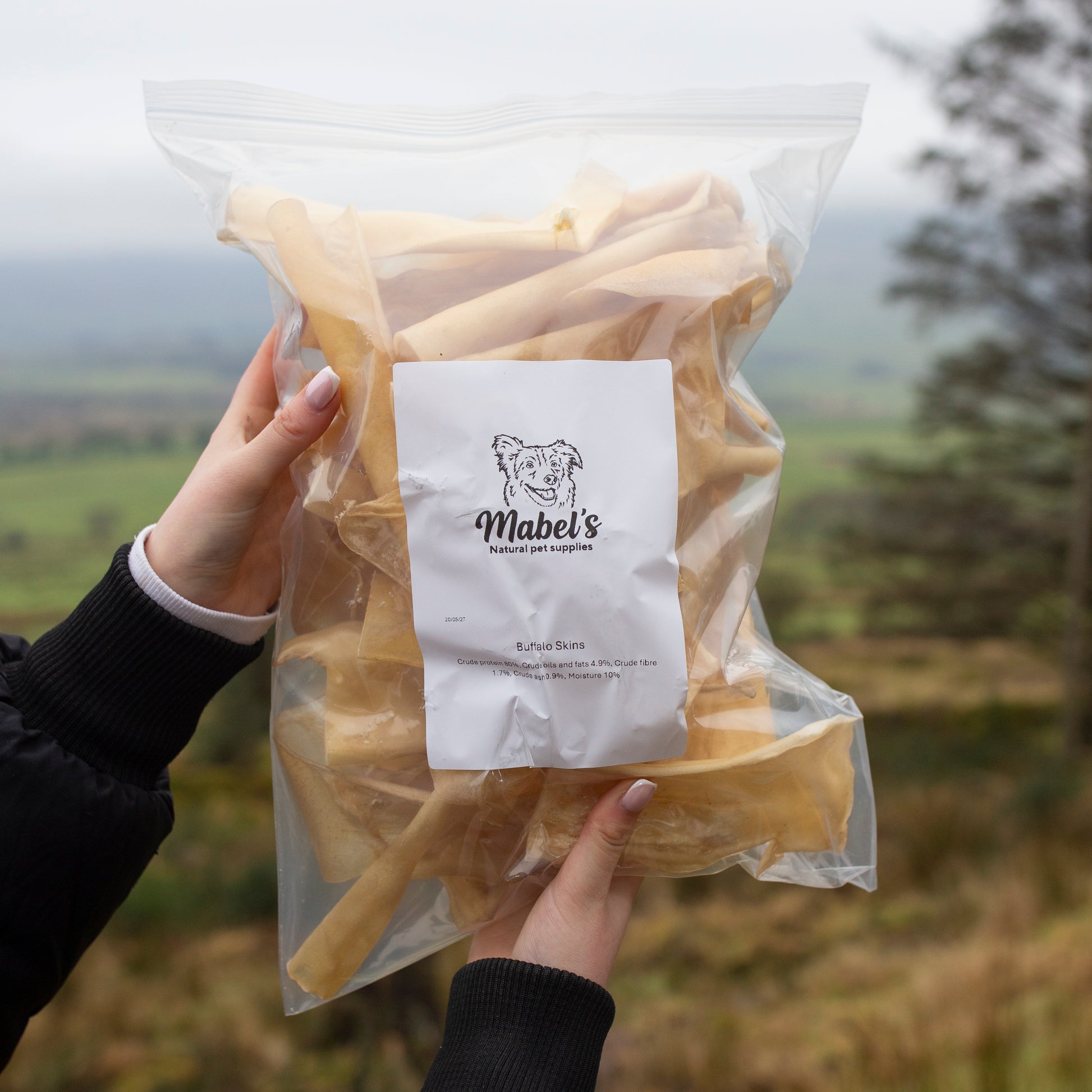 Bulk bag of Mabel's Natural Pet Supplies buffalo skins dog treats in 1kg or 500g, long-lasting natural chews for dogs.