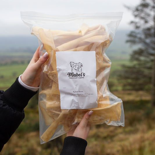 Bulk bag of Mabel's Natural Pet Supplies buffalo skins dog treats in 1kg or 500g, long-lasting natural chews for dogs.