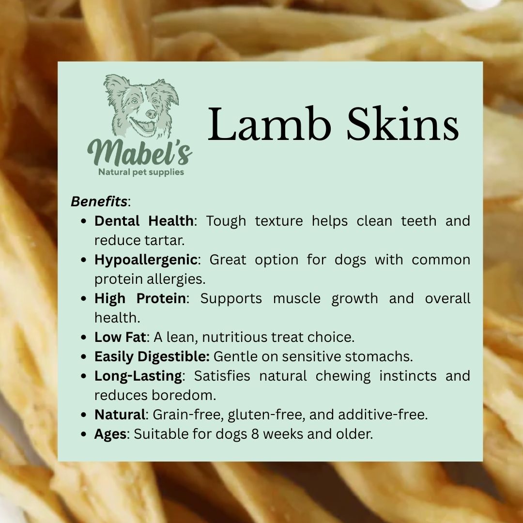 Mabel's Natural Pet Supplies™ lamb skin bulk bag, 1kg or 500g, showing fresh, natural lamb skin pieces for pet treats or chews.