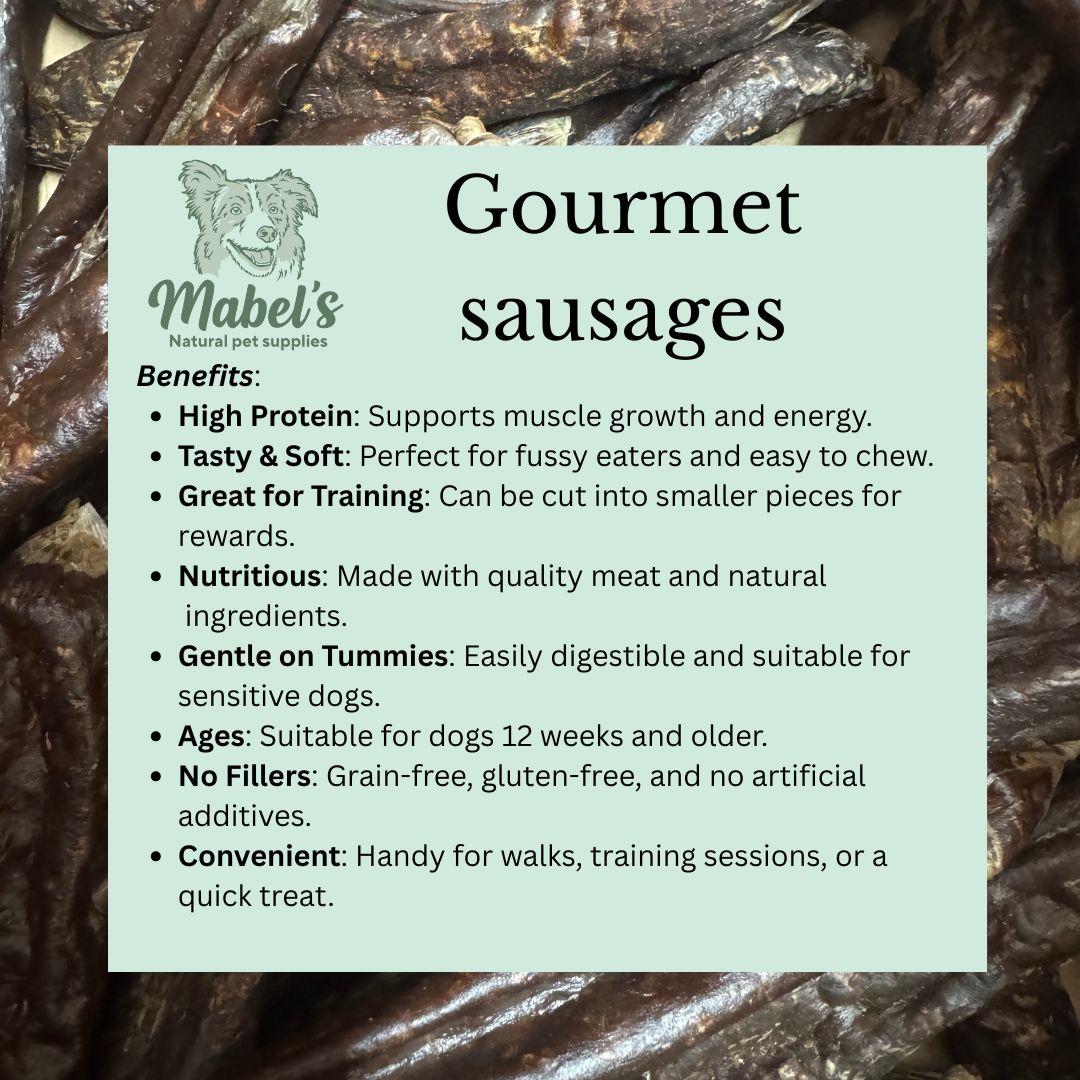 Mabel's Natural Pet Supplies gourmet dog sausages in three unique flavors, shown in a close-up of the packaged product.