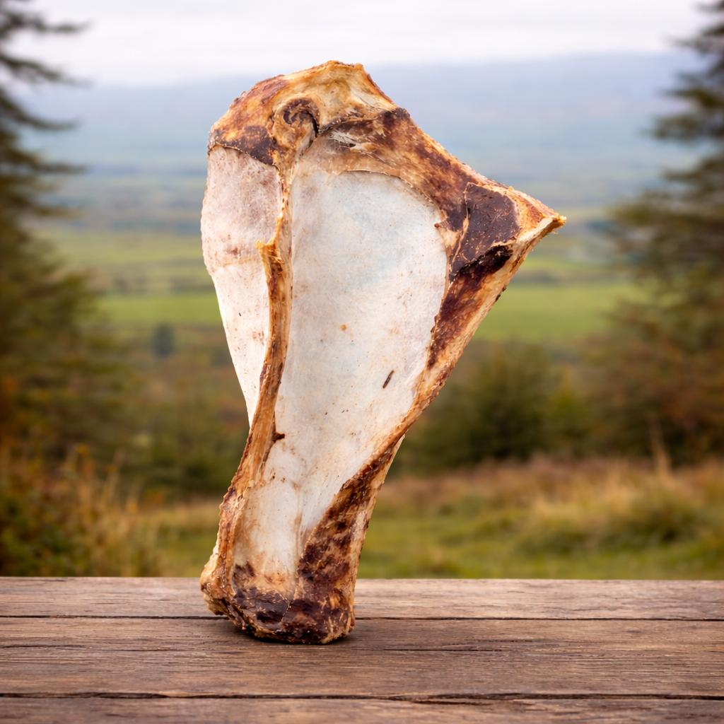 Giant beef shoulder with moon bone, natural pet treat from Mabel's Natural Pet Supplies™, showing a large beef bone and meat.