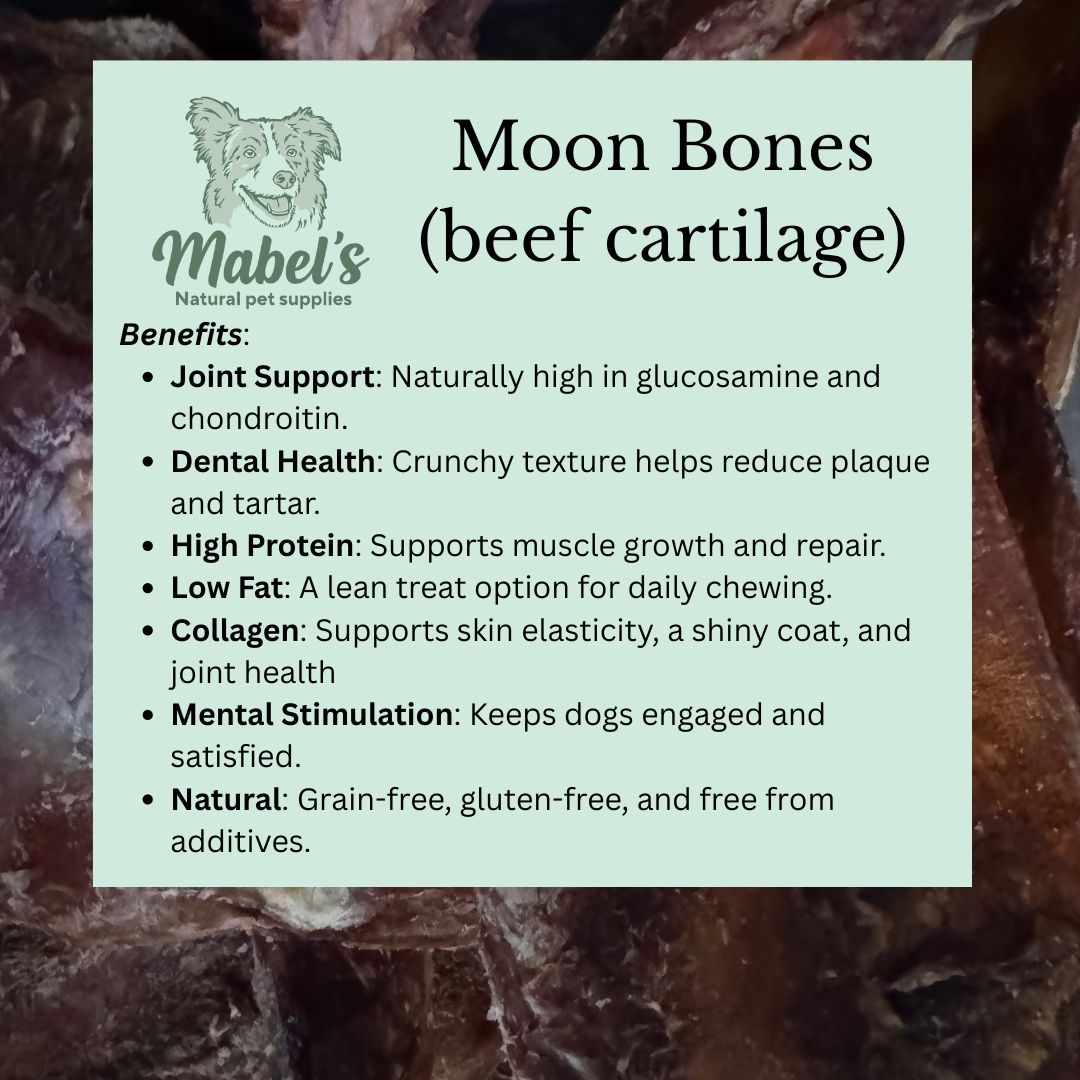 Bulk bag of Mabel's Natural Pet Supplies beef cartilage dog treats, 1kg, 2kg, or 5kg, showing natural dog treat bones.