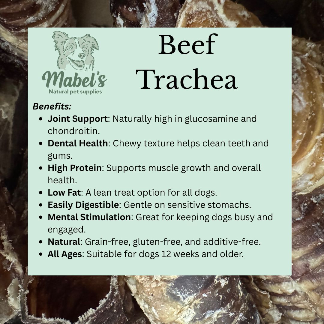 Mabel's Natural Pet Supplies™ beef trachea dog treats in 1kg and 500g packages, showing fresh, natural beef trachea treats.
