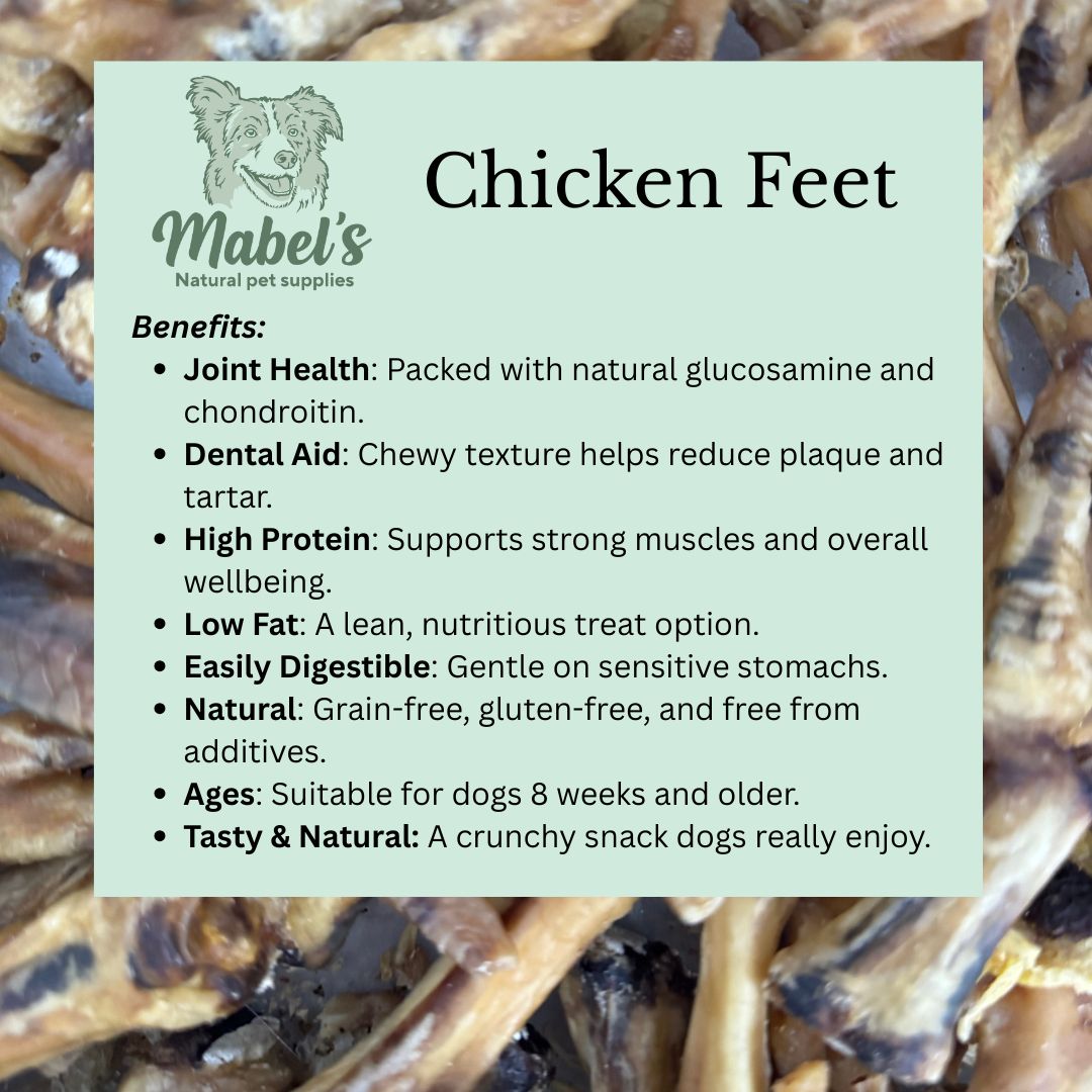 Dog treats by Mabel's Natural Pet Supplies, air dried chicken feet in bulk bags, healthy joint and dental chew for dogs.