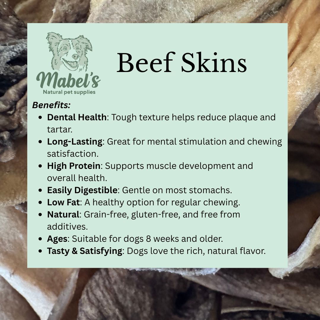 Mabel's Natural Pet Supplies™ beef skins dog treats in a bulk bag, long-lasting natural dental chews for dogs.