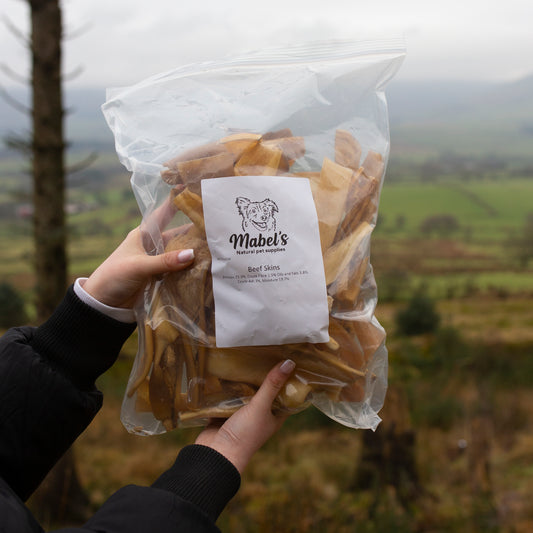Mabel's Natural Pet Supplies beef skins dog treats in a bulk bag, long-lasting natural dental chews for dogs.