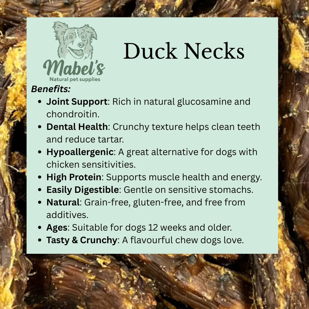 Dog treats in a 1kg or 500g bag of Mabel's Natural Pet Supplies™ duck necks, suitable for dogs, shown in the image.