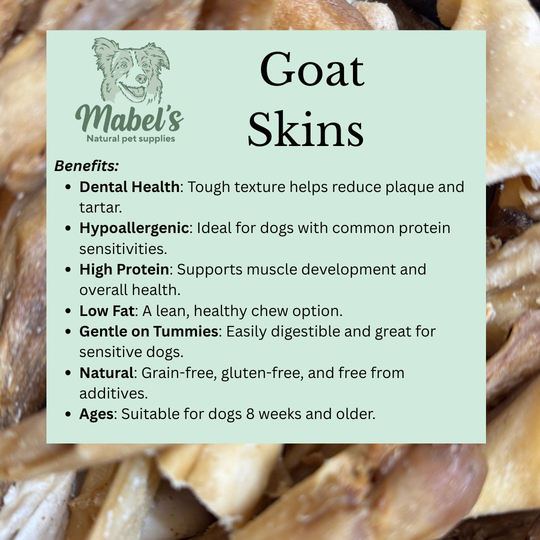 Mabel's Natural Pet Supplies goat skin dog treats in 1kg or 500g bulk bag, natural and suitable for dogs.