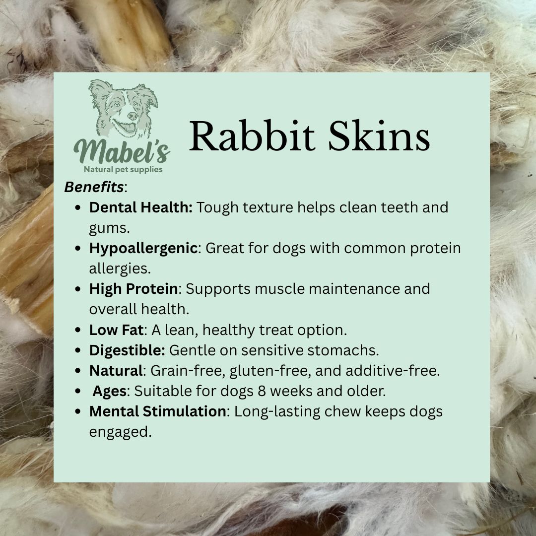 Natural rabbit skins dog treats in a 1kg bulk bag from Mabel's Natural Pet Supplies™, showing the raw, dried rabbit skins.