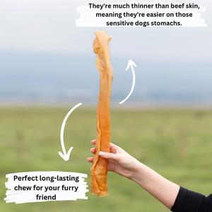 Mabel's Natural Pet Supplies™ 50cm jumbo pork roll dog treat, natural and chewy treat for dogs, shown in the image.