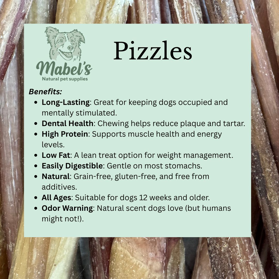 Dog treat Pizzles 12 cm from Mabel's Natural Pet Supplies™, showing a single natural dog chew treat on a neutral background.