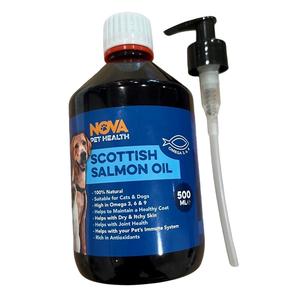Scottish salmon oil supplement for pets in 500ml bottle, natural vitamins and supplements by Mabel's Natural Pet Supplies.